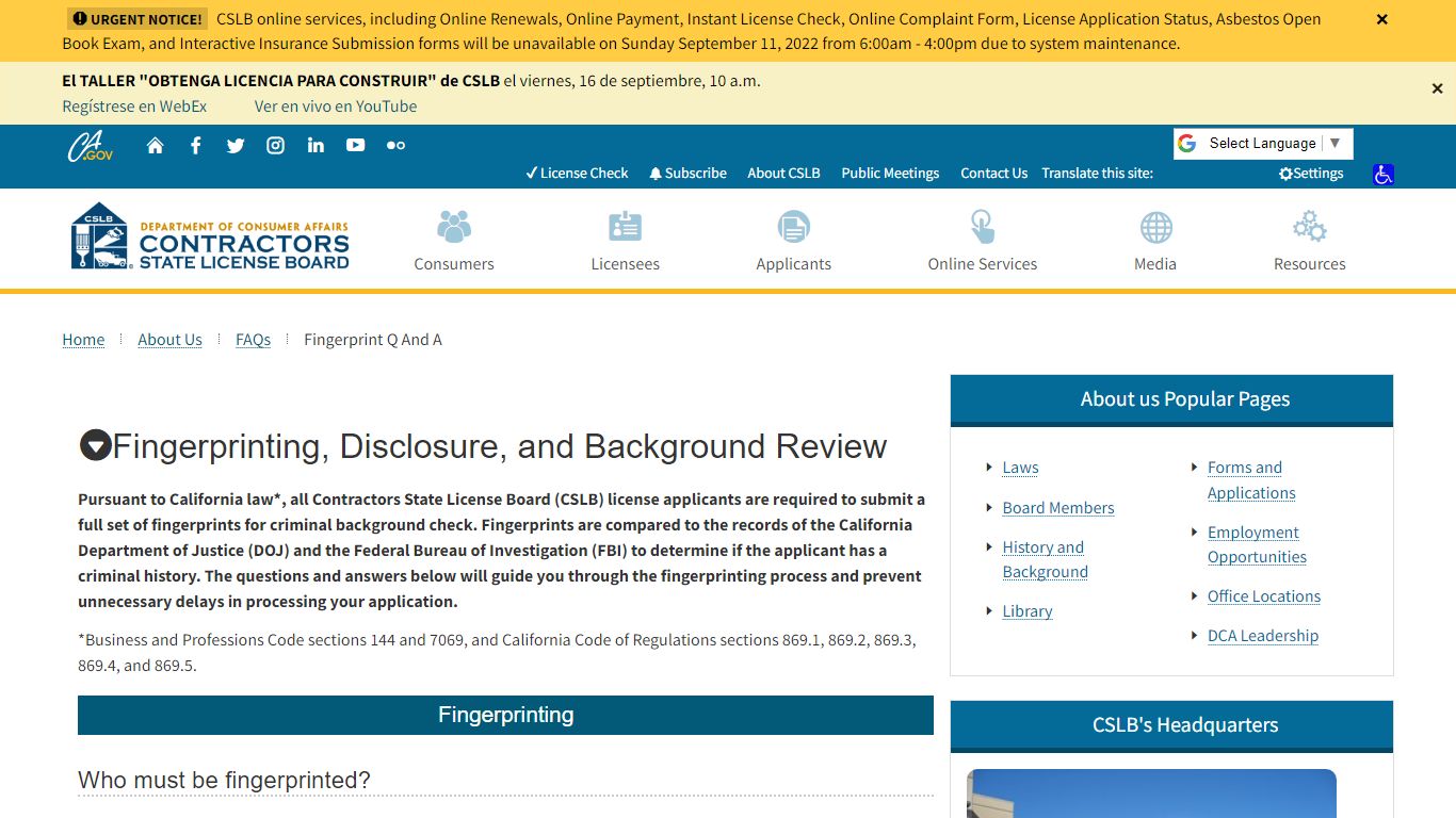 Fingerprinting, Disclosure, and Background Review - CSLB - California